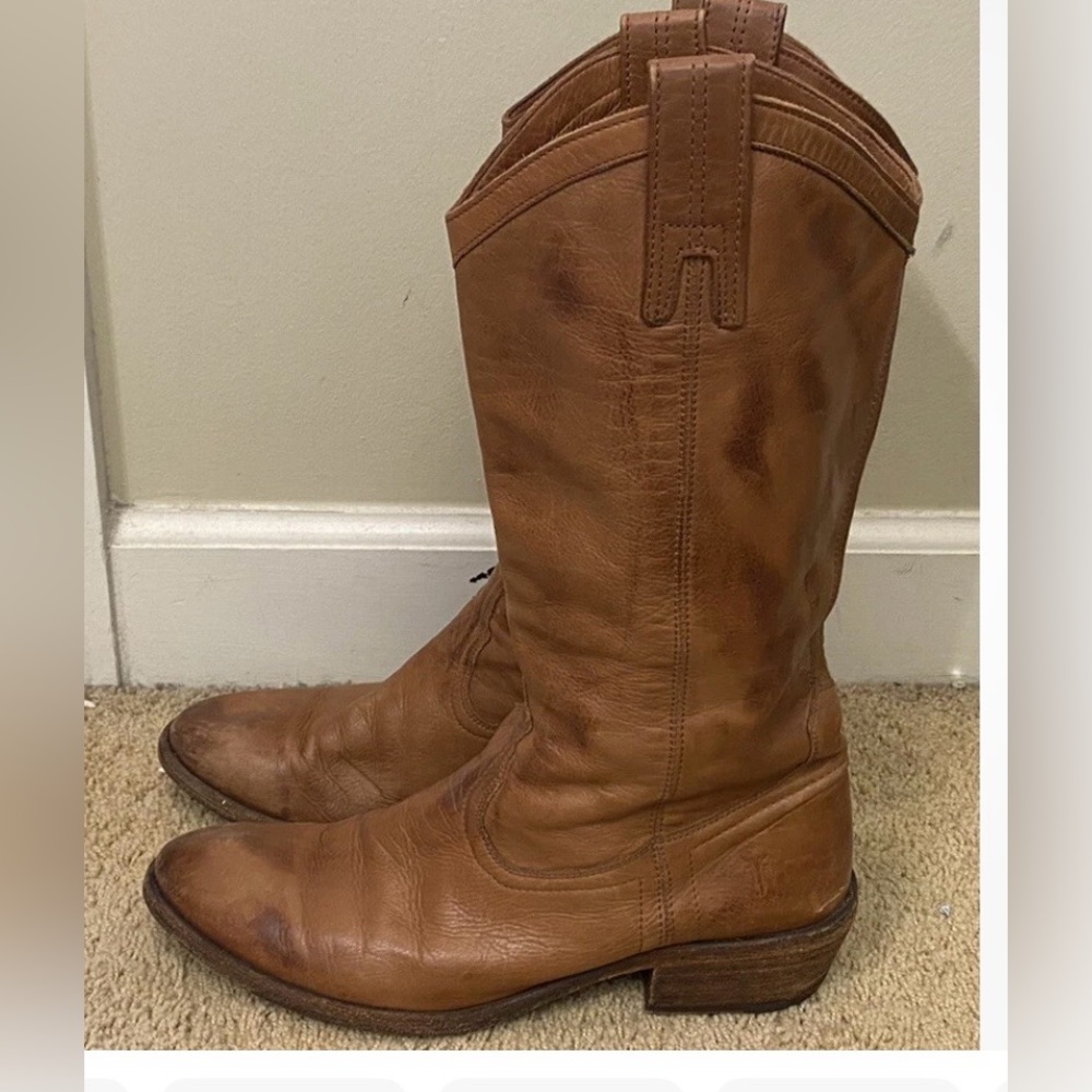 FRYE Brown Leather Mid calf Pull up Boots, 8.5